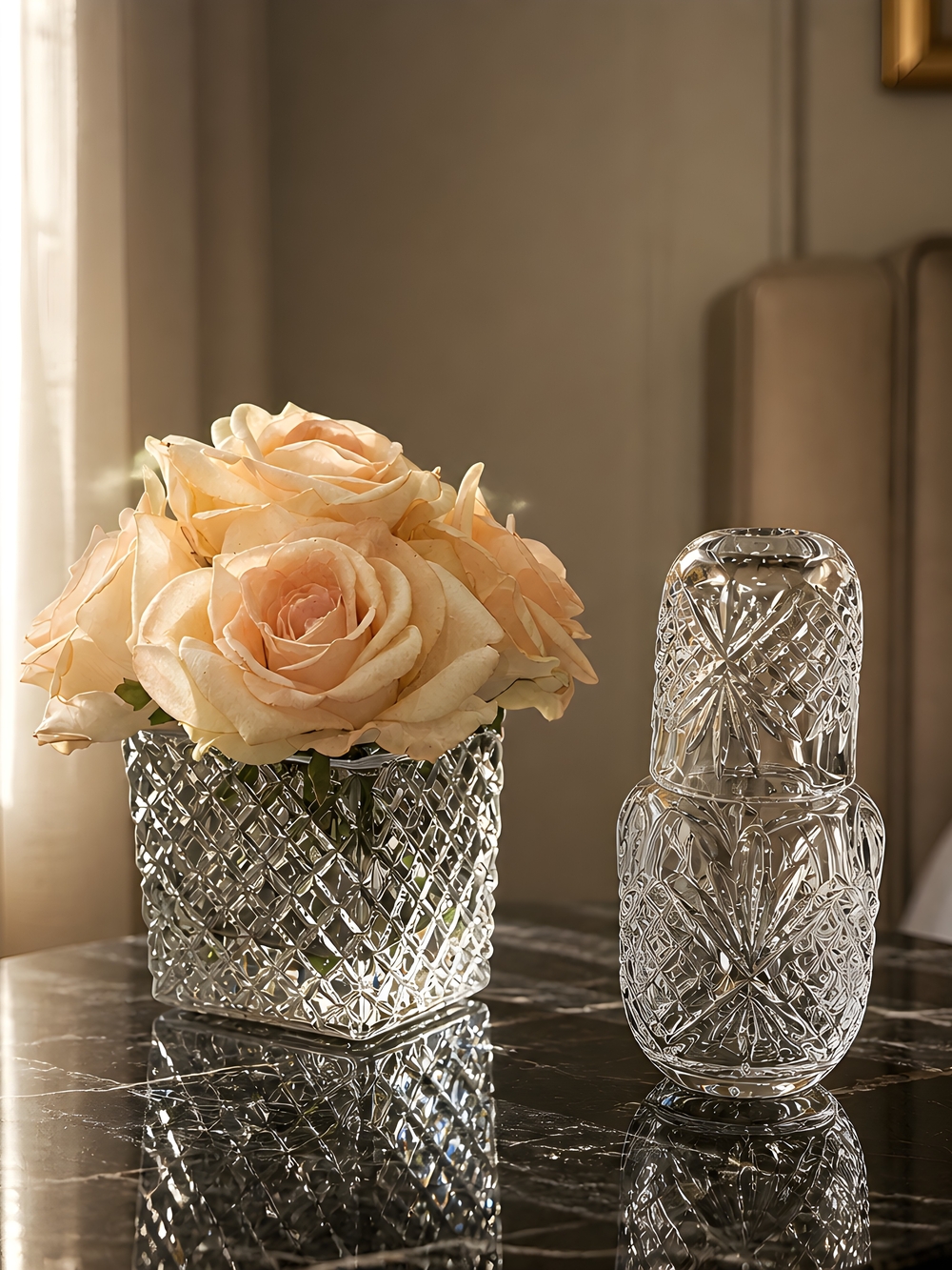 Cut Crystal Square Vase with Peach Rose And Crystal Bedside Water Bottle W/Lid